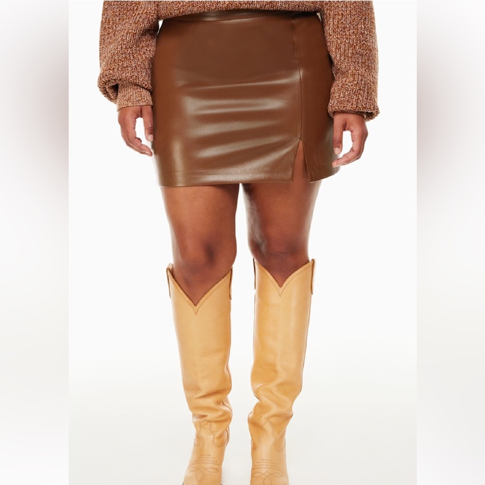 Aritzia Wilfred Patio Brown Vegan Leather Mini Skirt with Slit Size 2